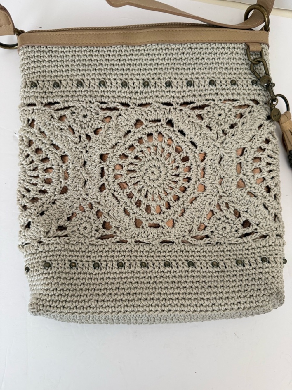 The Sak Hand-Crocheted Light Gray Crossbody Bag with Stud Accents - Picture 7 of 15